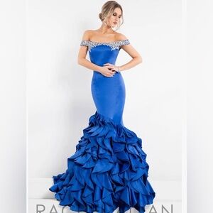 Rachel Allan Royal Blue Off-Shoulder Prom Dress